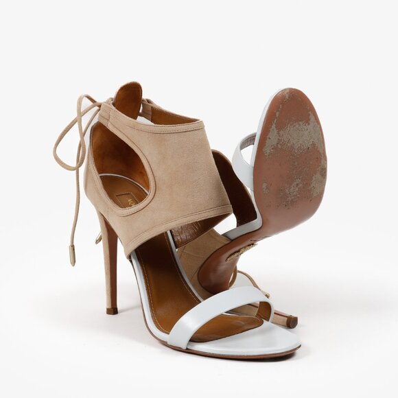 Aquazzura Beige & White Suede Sandals Heels - Picture 4 of 9